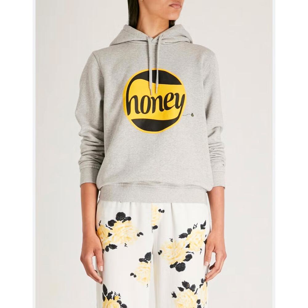 Ganni Lott Isoli Honey Hoodie Heather Gray Bee Embroidered 100% Cotton SZ XS